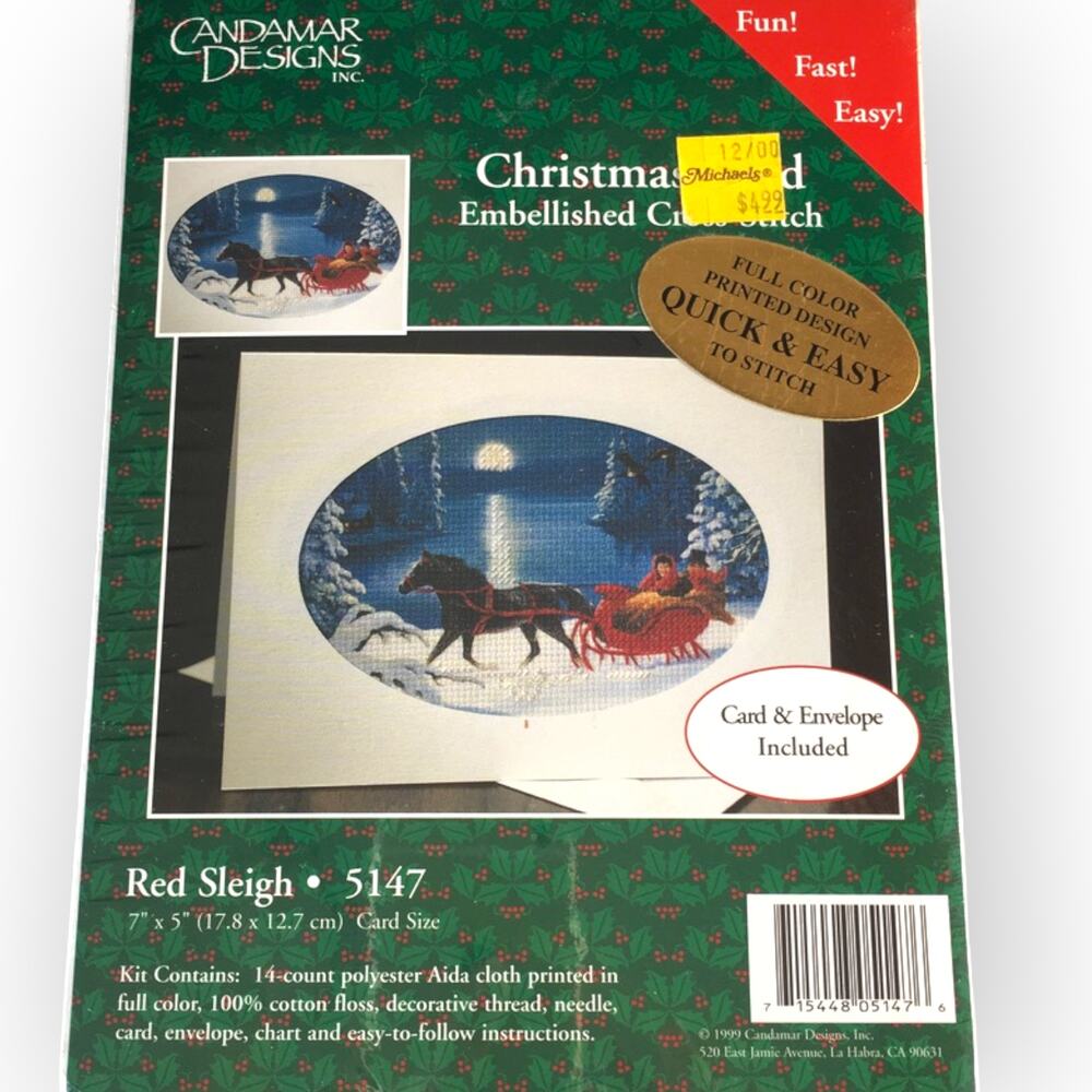 Candamar Designs Embellished Cross Stitch 5"x7" Christmas Card Kit Red Sleigh